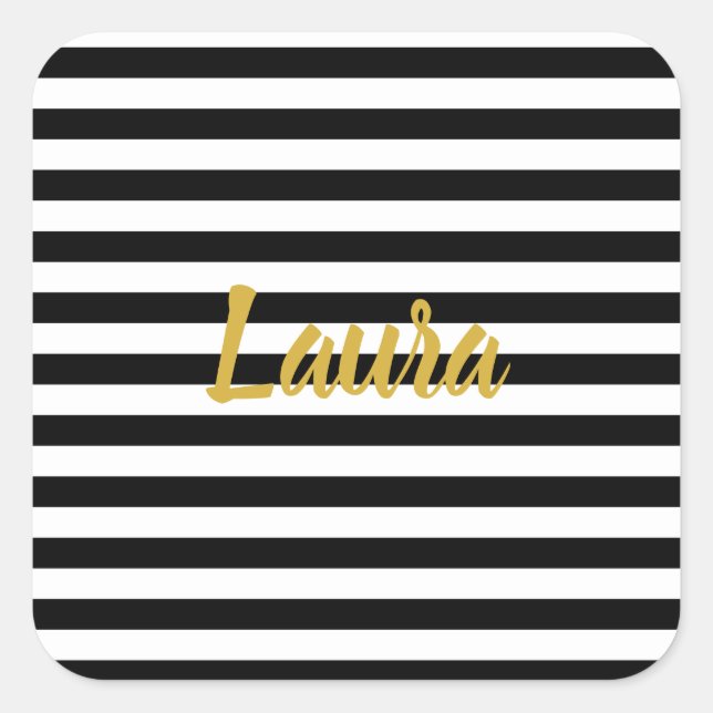 Custom Faux Gold Script on Black and White Stripes Square Sticker (Front)