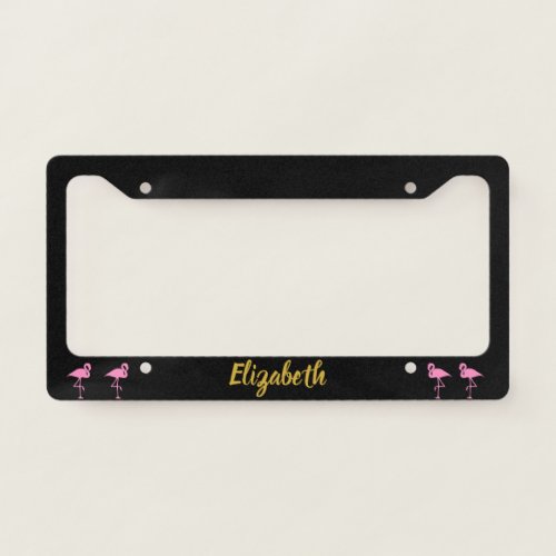 Custom Faux Gold Script  Pink Flamingos on Black License Plate Frame