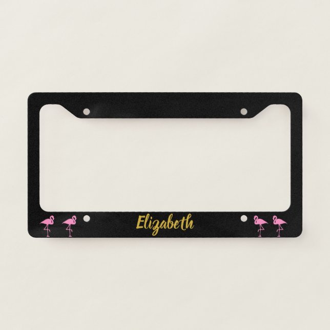 Custom Faux Gold Script | Pink Flamingos on Black License Plate Frame (Front)