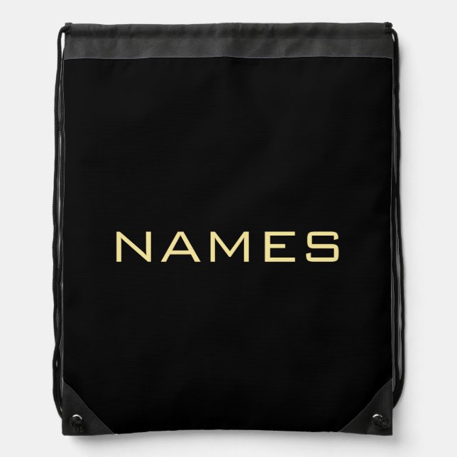 Custom Faux Gold Text Names Simple Template Black Drawstring Bag (Front)