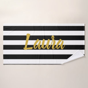 Custom Faux Gold Text on Black and White Striped Bath Towel Set