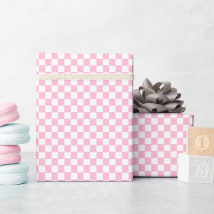 Custom Faux Gold Text Pink and White Checkered Wrapping Paper