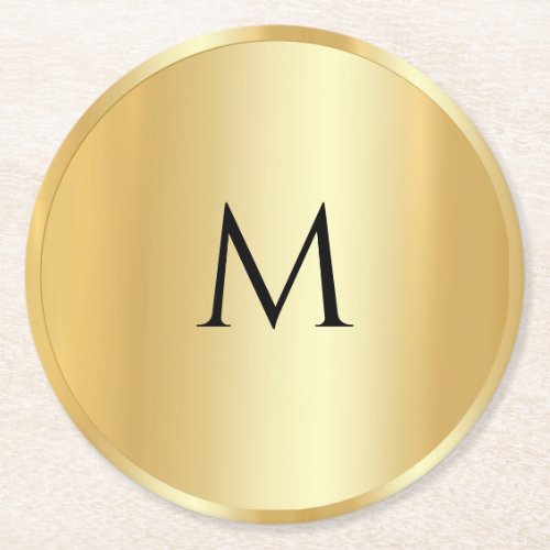 Custom Faux Gold Trendy Monogram Modern Template Round Paper Coaster