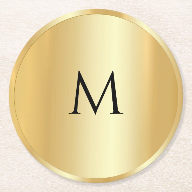 Custom Faux Gold Trendy Monogram Modern Template Round Paper Coaster (Front)