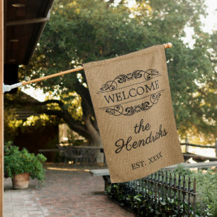 Custom Faux Jute Vintage Stylish Trendy Welcome House Flag