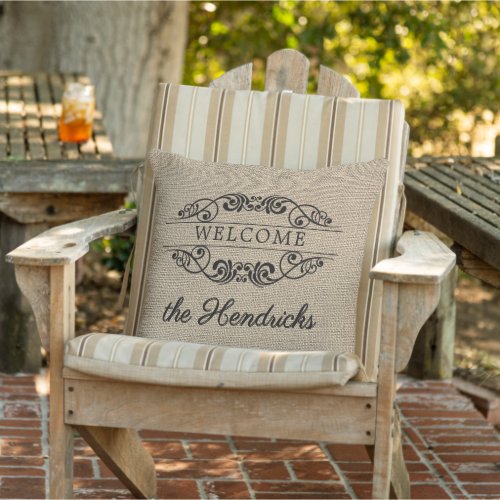 Custom Faux Jute Vintage Stylish Trendy Welcome Outdoor Pillow