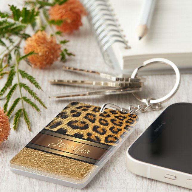 Custom Faux Leopard Skin Gold Leather Pattern Keychain (Front Right)