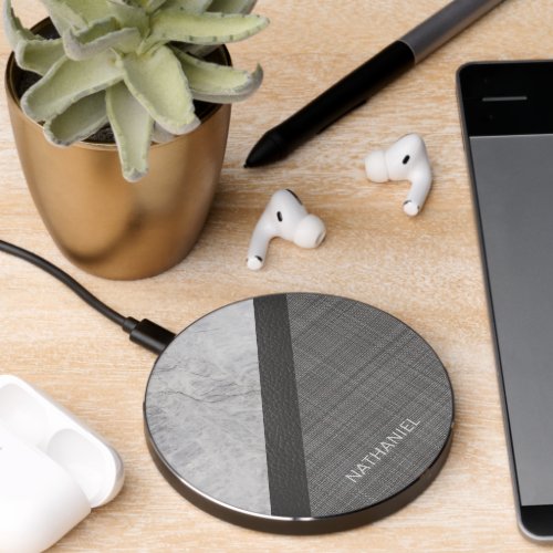 Custom Faux Light Dark Gray Leather Marble Look Wireless Charger
