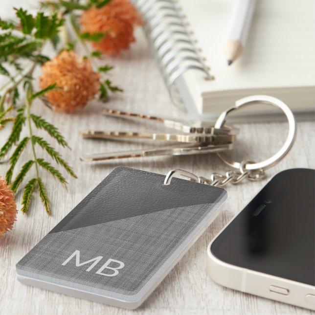 Custom Faux Light Medium Dark Gray Leather Look Keychain (Front Right)