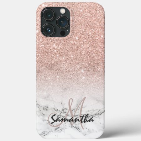 Custom Faux Rose Pink Glitter Ombre White Marble Iphone 13 Pro Max Cas