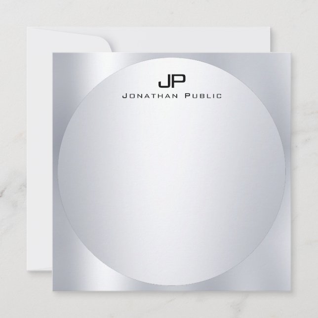 Custom Faux Silver Monogram Simple Elegant Trendy Note Card (Front)