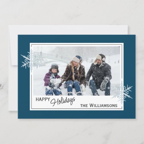 Custom Faux Silver Snowflakes On Dark Blue Holiday Card