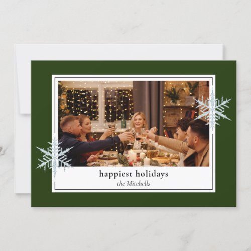Custom Faux Silver Snowflakes On Dark Forest Green Holiday Card