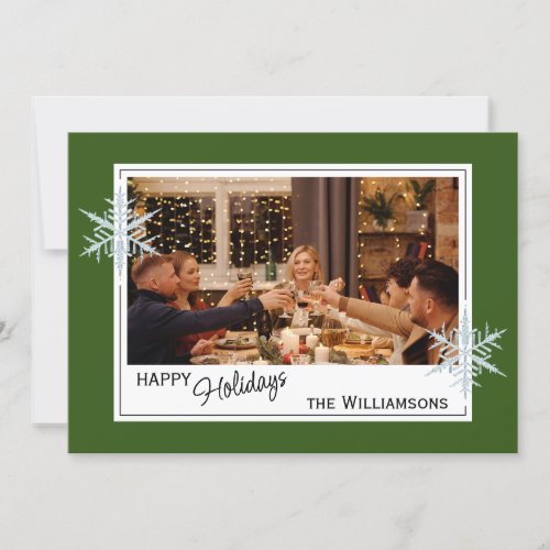 Custom Faux Silver Snowflakes On Dark Forest Green Holiday Card