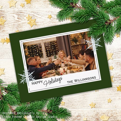 Custom Faux Silver Snowflakes On Dark Forest Green Postcard