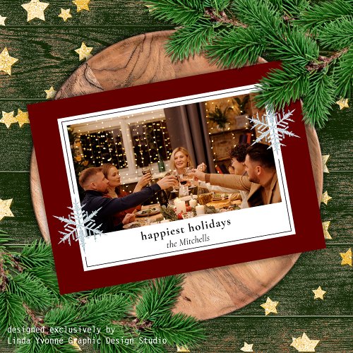 Custom Faux Silver Snowflakes On Dark Wine Red Holiday Card