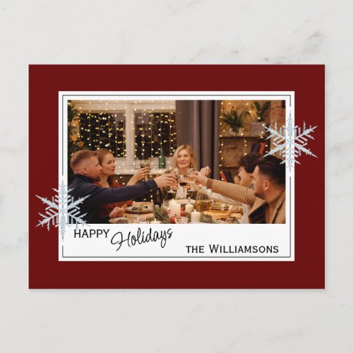 Custom Faux Silver Snowflakes On Dark Wine Red Postcard