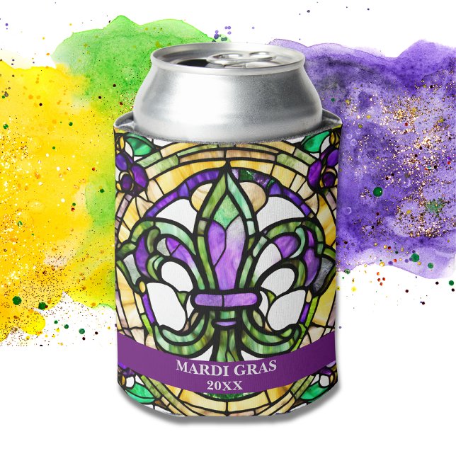 Custom Faux Stained Glass Mardi Gras Floral Can Cooler (Creator Uploaded)