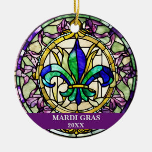 Custom Faux Stained Glass Mardi Gras Flower Ceramic Ornament
