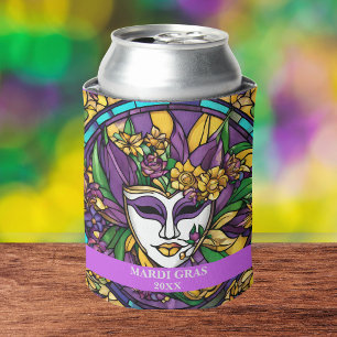Custom Faux Stained Glass Mardi Gras Jazz Can Cooler