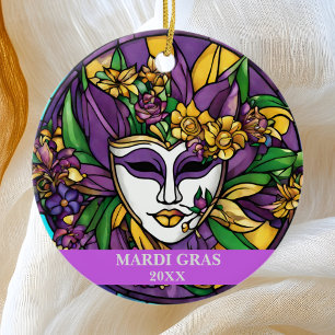 Custom Faux Stained Glass Mardi Gras Mask Ceramic Ornament