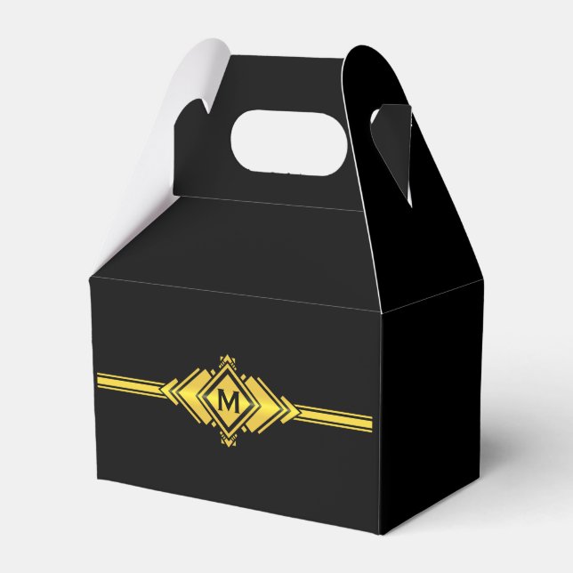 Custom Favor Box | Gold & Black Art Deco Monogram (Front Side)