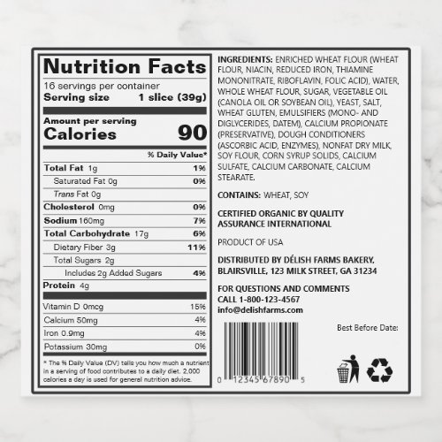 Custom FDA Compliant Prime Ingredient Bread Label