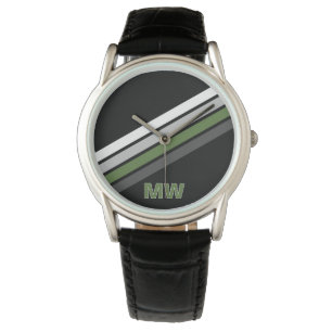 Custom Fern Green Black Gray White Stripes Pattern Watch
