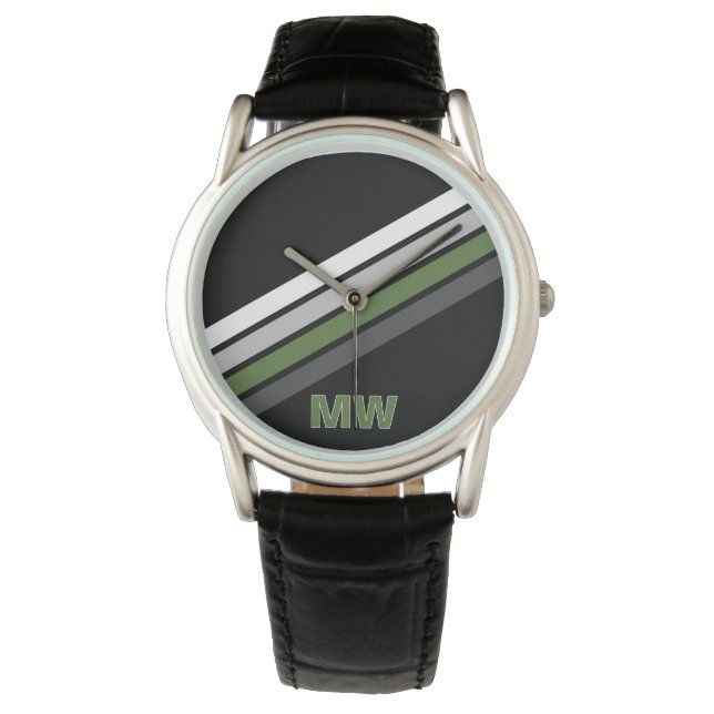Custom Fern Green Black Gray White Stripes Pattern Watch (Front)