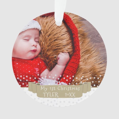 Custom Festive Babys First Christmas Photo Ornament