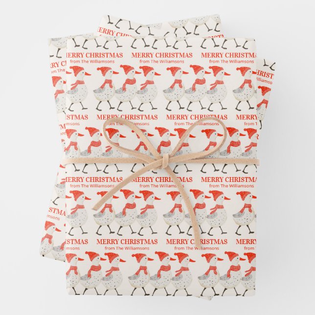 Custom Festive Christmas Ducks Family Name Wrapping Paper Sheets (In situ)