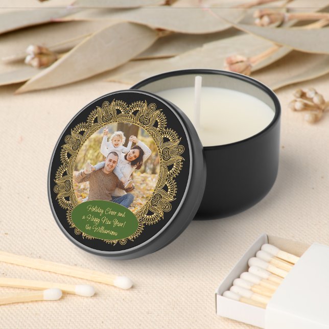 Custom Festive Christmas Family Photo On Black Mini Candle Favors (Insitu)