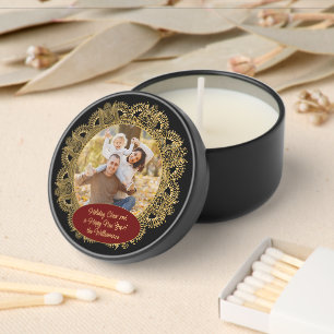 Custom Festive Christmas Family Photo On Black Mini Candle Favors
