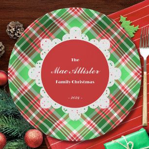 Custom Festive Classic Red Green Christmas Plaid Paper Plates