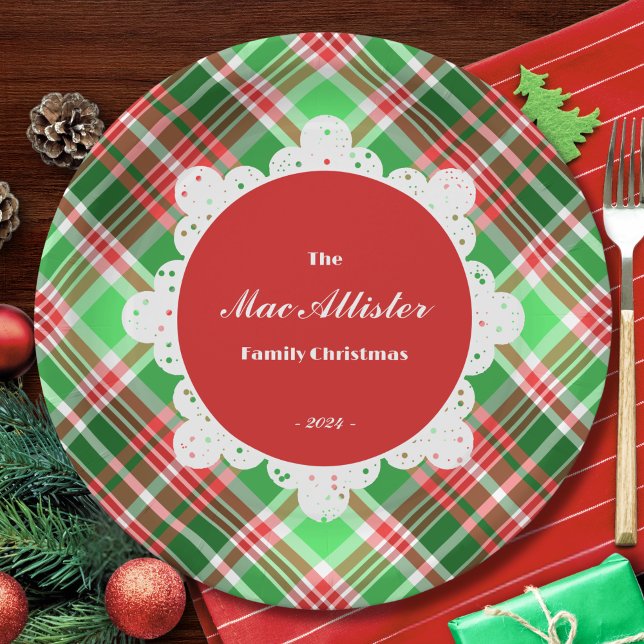 Custom Festive Classic Red Green Christmas Plaid  Paper Plates (Creator Uploaded)