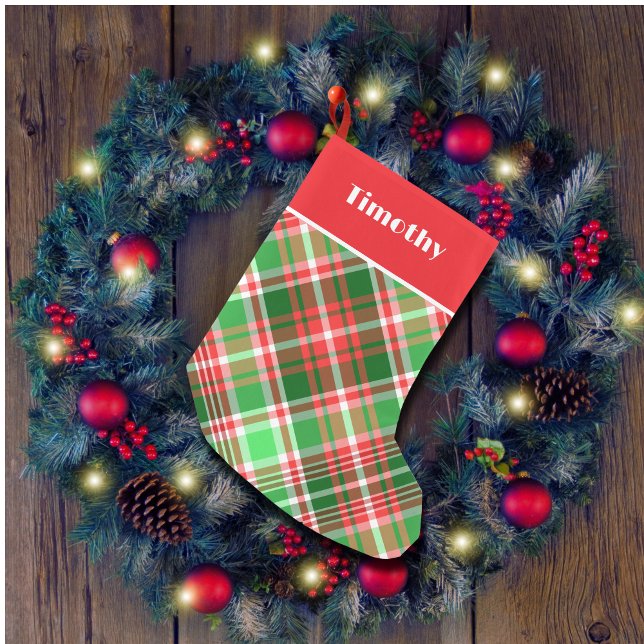 Custom Festive Classic Red Green Plaid Small Christmas Stocking (Creator Uploaded)