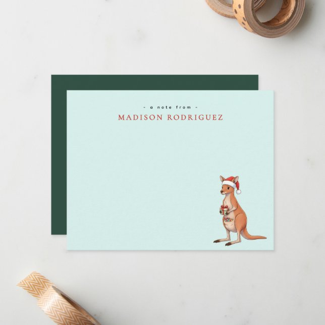 Custom Festive Kangaroo With Santa Hat Christmas Note Card (Front/Back In Situ)