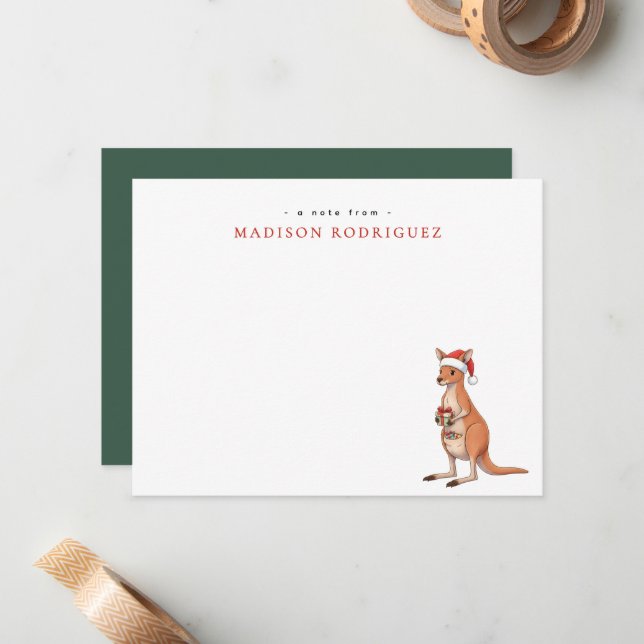 Custom Festive Kangaroo With Santa Hat Christmas Note Card (Front/Back In Situ)