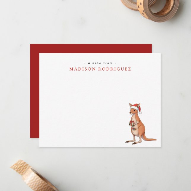 Custom Festive Kangaroo With Santa Hat Christmas Note Card (Front/Back In Situ)
