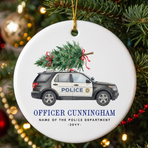 Custom Festive Police Officer Car Christmas Tree Ceramic Ornament