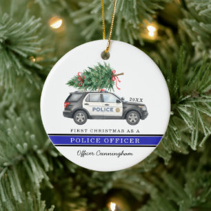 Custom Festive Police Officer Car First Christmas Ceramic Ornament
