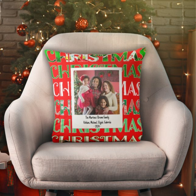 Custom Festive Red Green Christmas Photo Throw Pillow (Creator Uploaded)