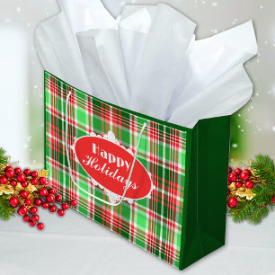 Custom Festive Red Green Plaid Happy Holidays Large Gift Bag