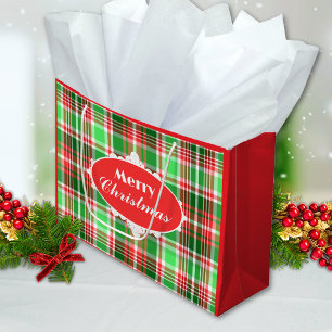 Custom Festive Red Green Plaid Merry Christmas Large Gift Bag