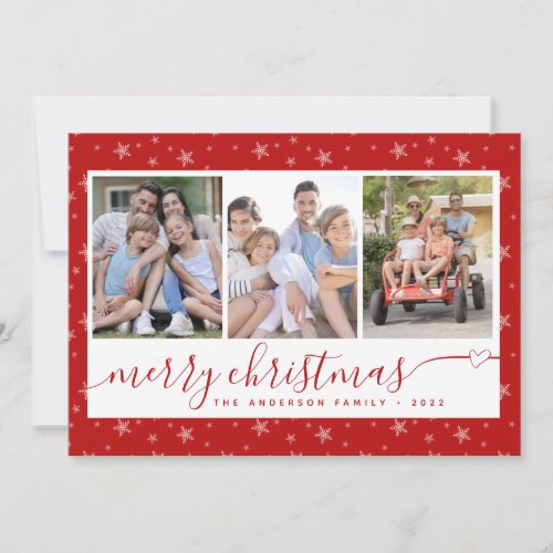 Custom Festive Red Merry Christmas 3 Photo Collage Holiday Card