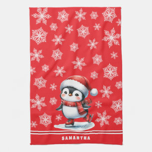 Custom Festive Red Penguin Ice Skater Christmas Kitchen Towel