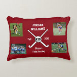 Custom Field Hockey Photo Collage Name Team Number Decorative Pillow<br><div class="desc">This personalized field hockey photo collage features your uploaded photos, criss-crossed field hockey sticks, a ball, your player's number and your choice of text - team name, coach's name, player's name, number, etc. Easily change the background color to match your team colors - just click on "customize" and then the...</div>