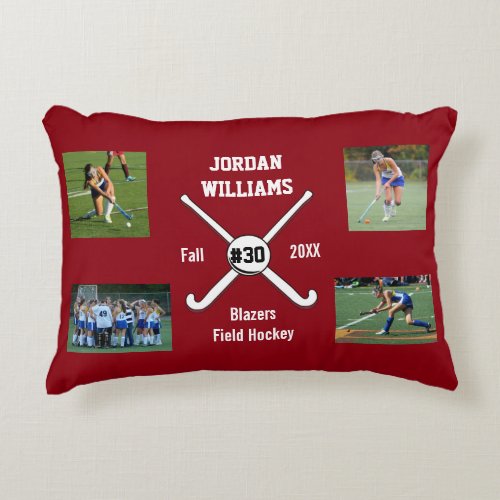 Custom Field Hockey Photo Collage Name Team Number Decorative Pillow