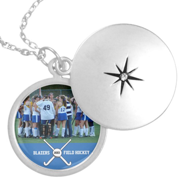 Custom Field Hockey Photo Collage Name Team Number Locket Necklace (Front)