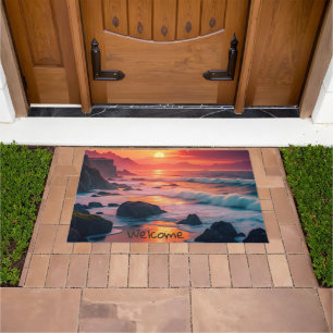 Custom Fiery Sunset Coastline – Ocean Cliffs Doormat